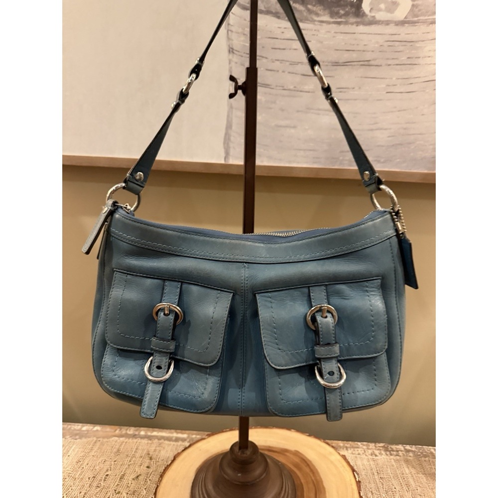 Vintage Y2K Coach Leather Chelsea flap pocket Shoulder Bag turquoise RARE F14014 - Picture 7 of 16